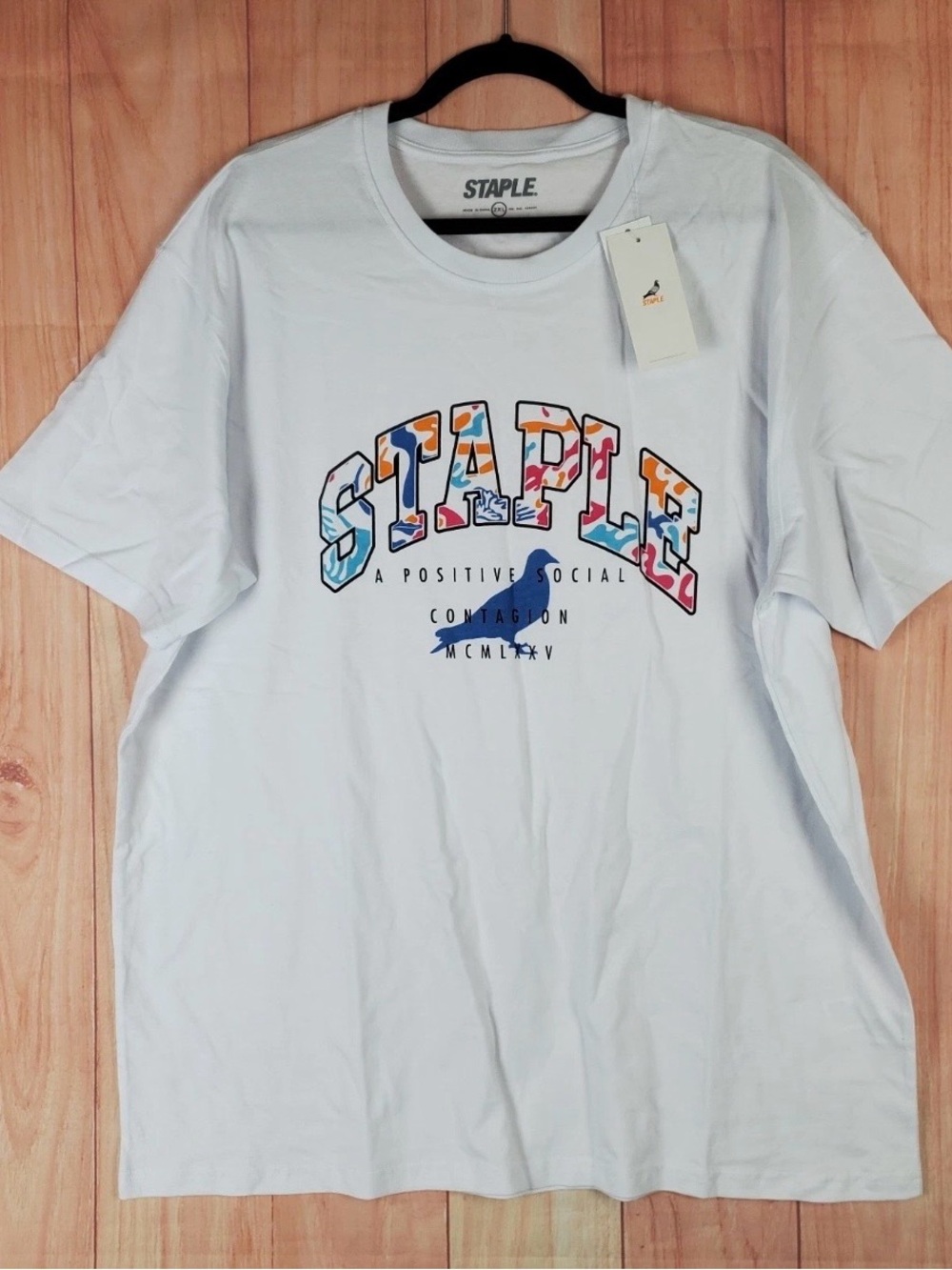 Staple Pigeon Crew Neck Shirt White Cotton Graphic Camo Print Logo Mens M-NEW